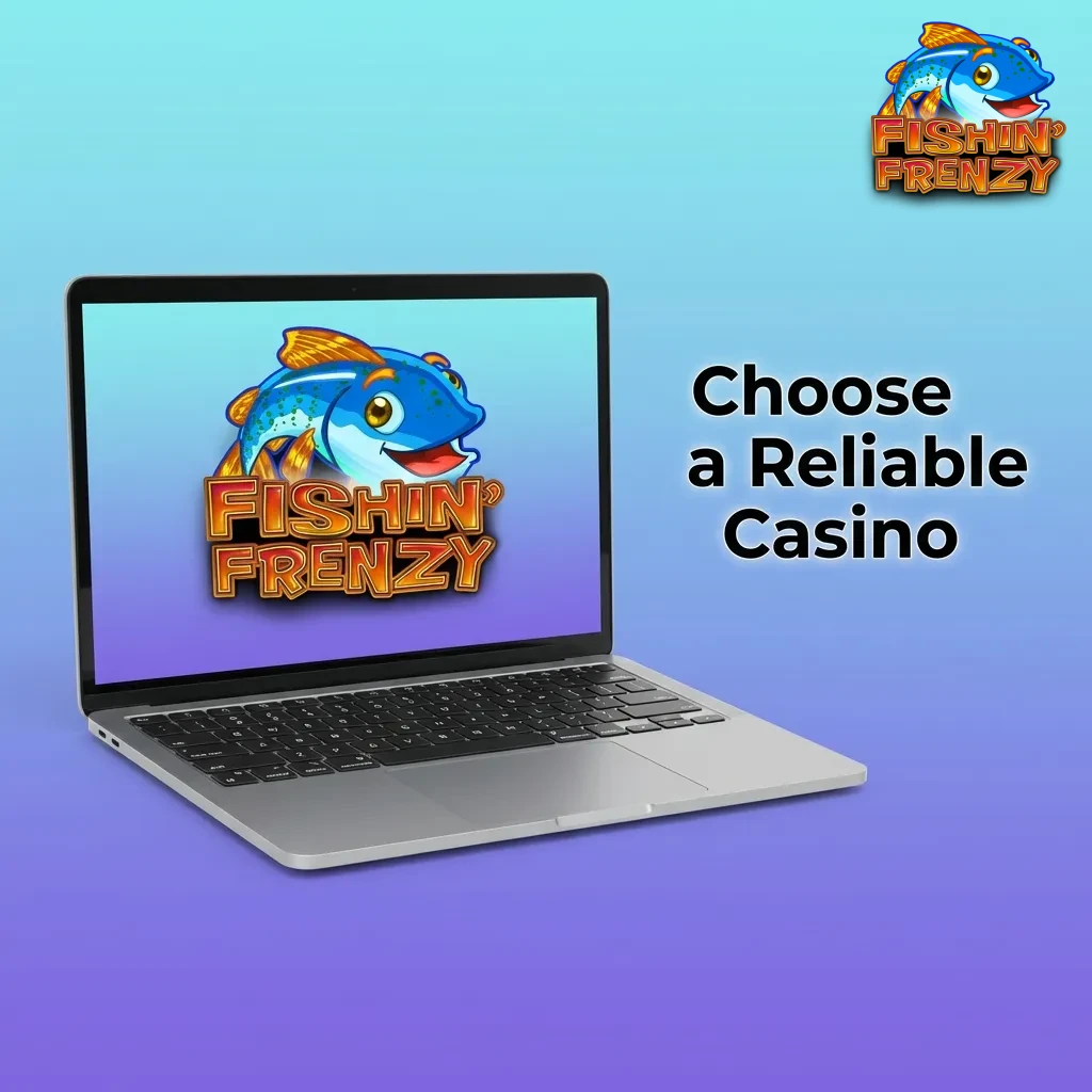 Person selecting a trusted online casino on laptop to play Fishin Frenzy slot game safely