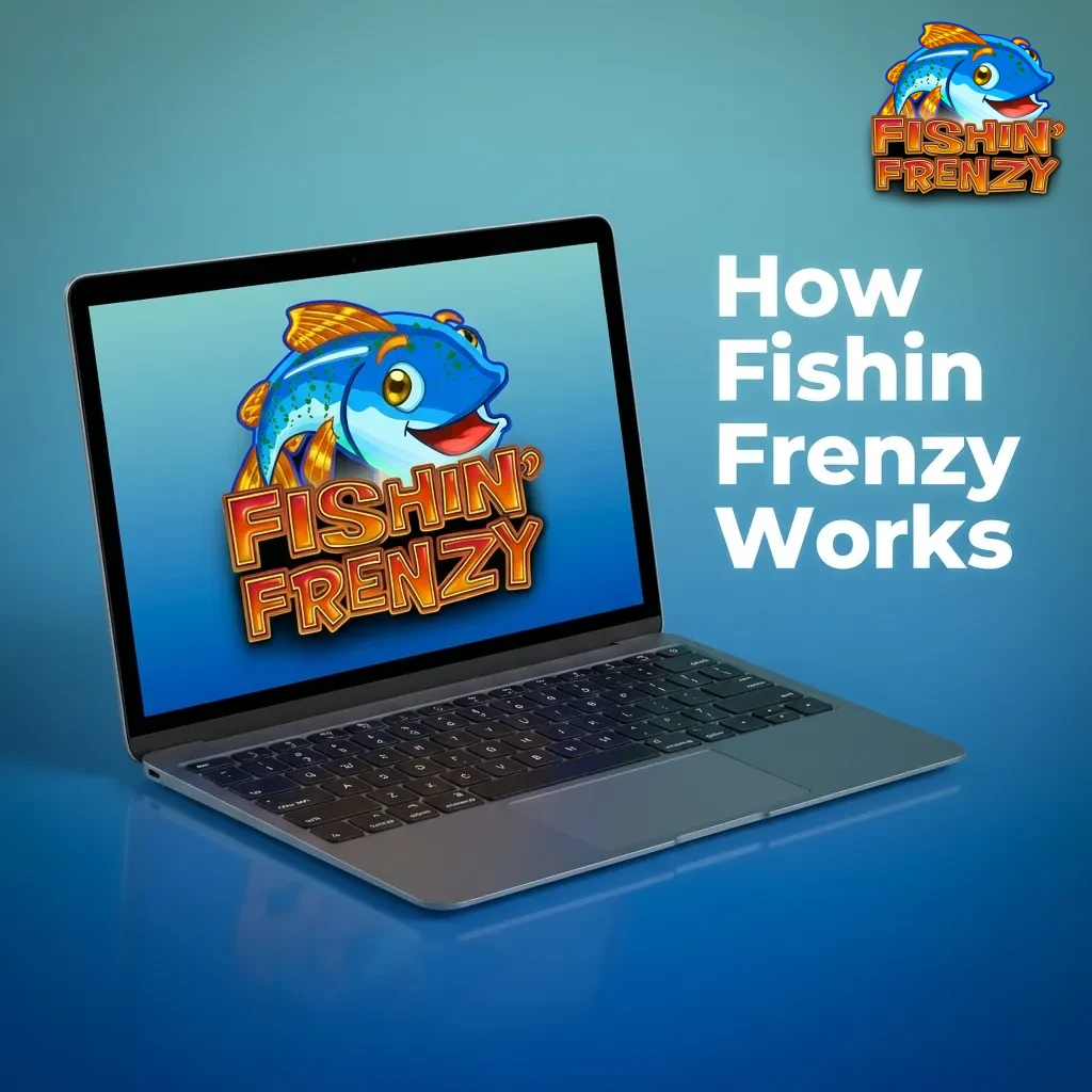 Fishin' Frenzy slot game interface showing 5 reels, 10 paylines, spin button, and fisherman bonus feature explanation.