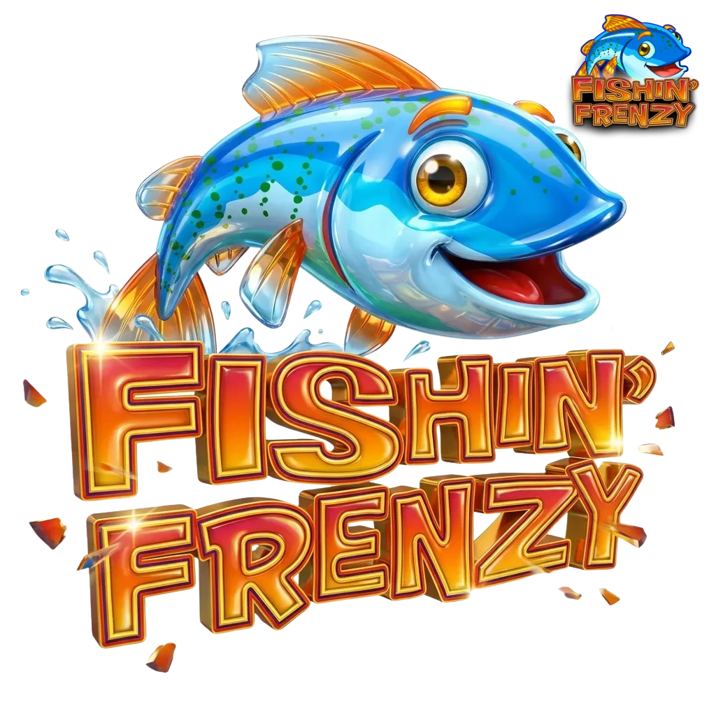Colorful Fishin' Frenzy slot game screenshot showing underwater fishing theme with reels and bonus features